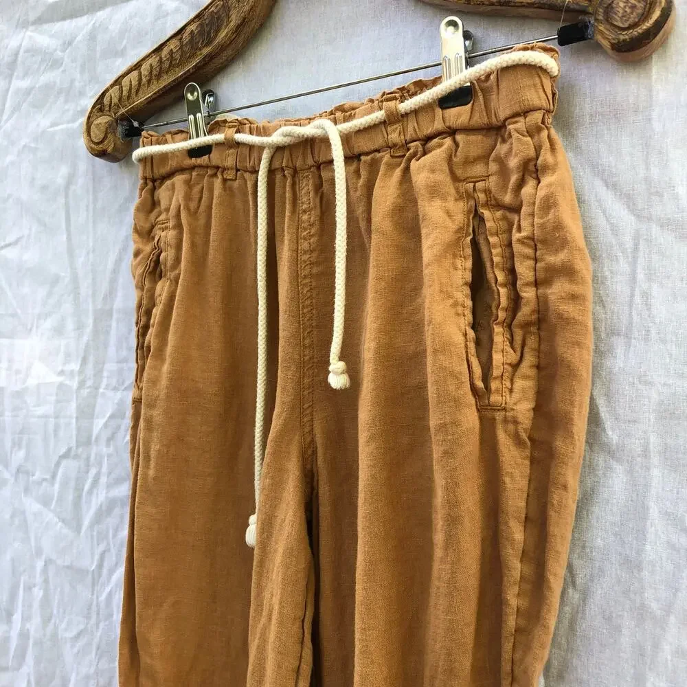 C&C California Linen Pants Tan Camel Rope Belt Straight Leg Elastic Waist Small